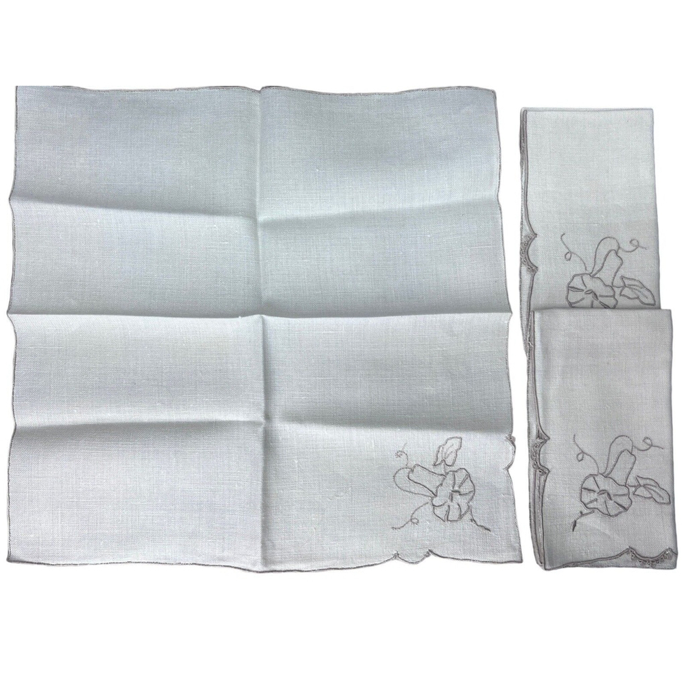 Vintage Beige Ecru Linen Napkins Embroidered Flowers